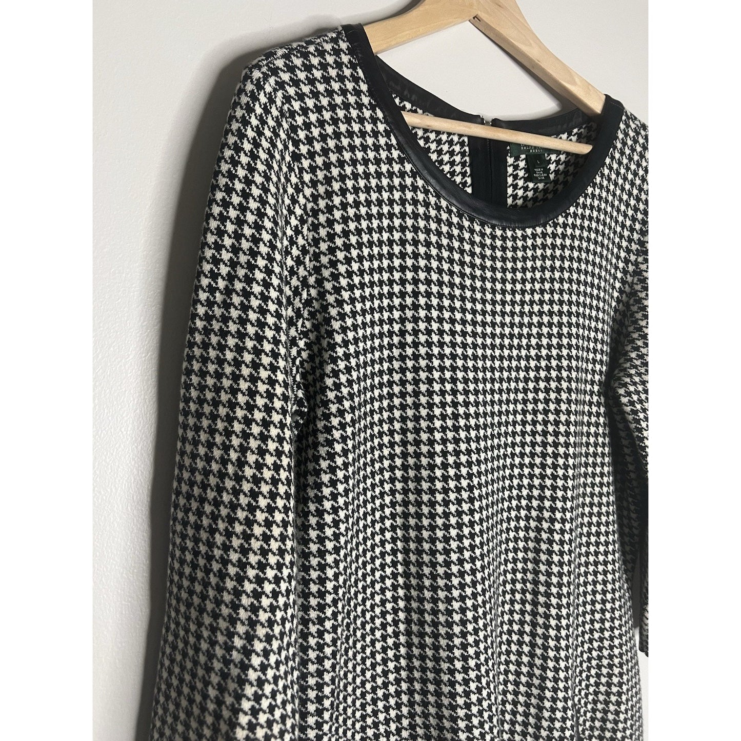 LAUREN Ralph Lauren Leather Piping Houndstooth Dress Women Size Large Genuine