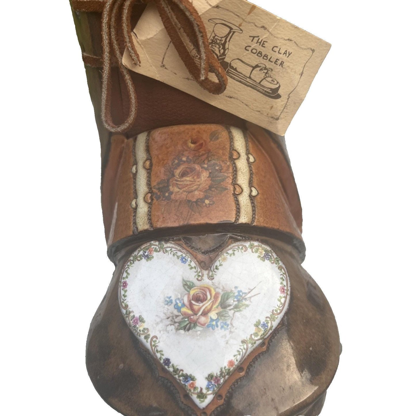 NEW Vintage 8.5" Ceramic Boot Planter, The Clay Cobbler, Brown Floral