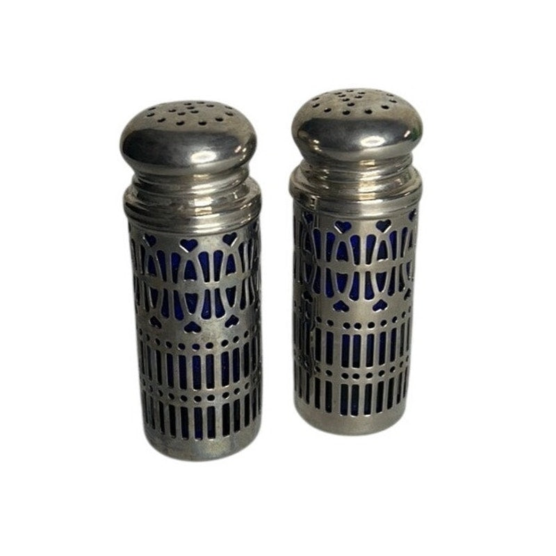 Vtg GODINGER Silver Plate Filagree Hearts Blue Cobalt Glass Salt Pepper Shakers