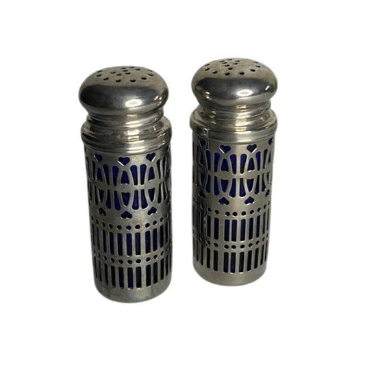 Vtg GODINGER Silver Plate Filagree Hearts Blue Cobalt Glass Salt Pepper Shakers