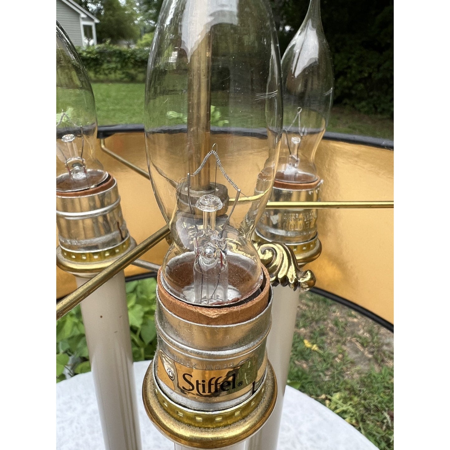 STIFFEL French Bouillotte Brass Candlestick Vtg Lamp Black Leather Adjust. Shade