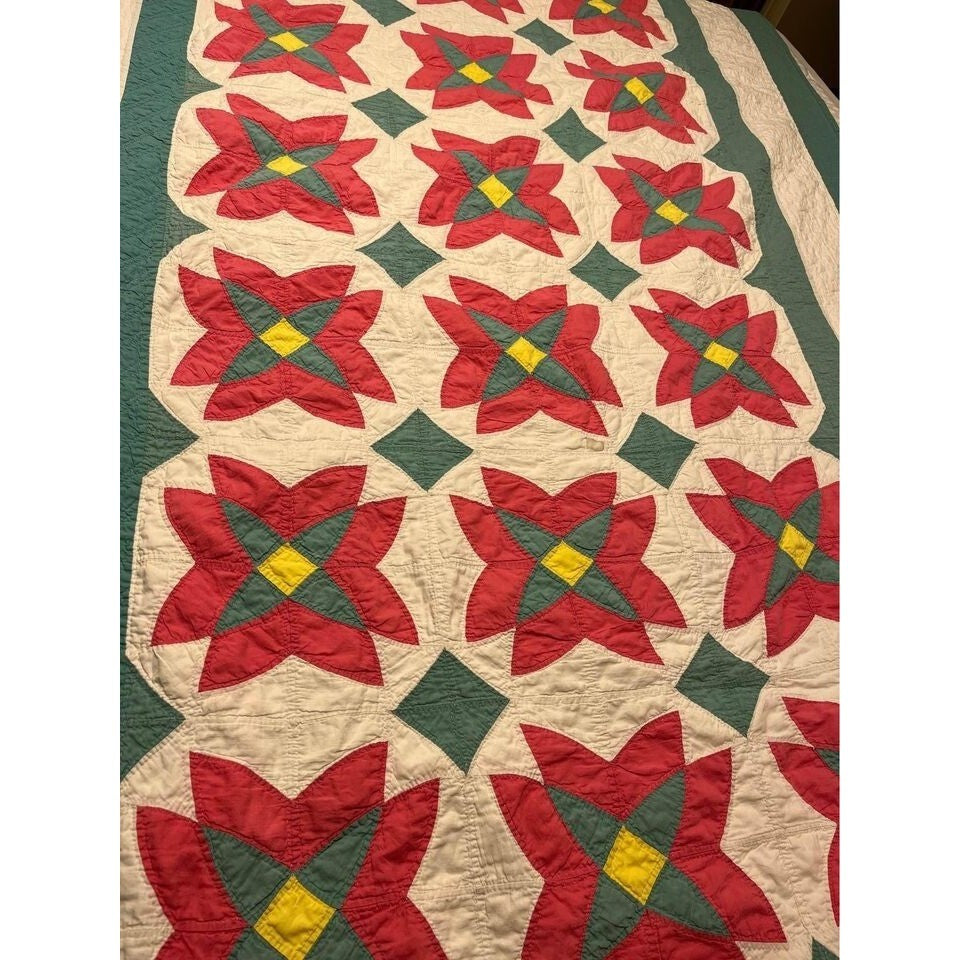 Pair Of Antique Christmas Poinsettia Quilts 1930's Hand Quilted Twin with Provenance