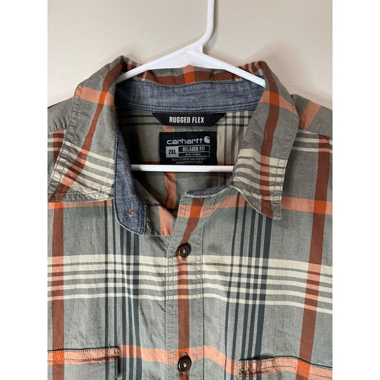 Carhartt Rugged Flex Relaxed Fit Button Down Green Plaid Shirt Mens 2XL Pockets
