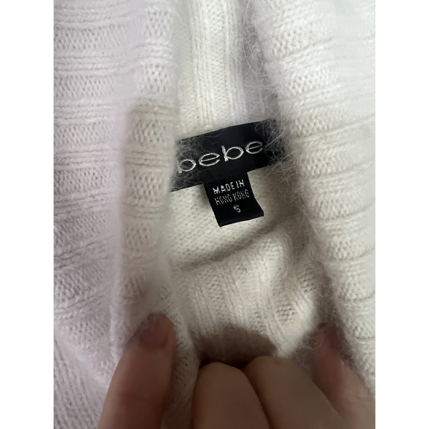 White Y2K Vintage Angora Fur Rhinestone Bebe Logo Small Turtleneck Sweater