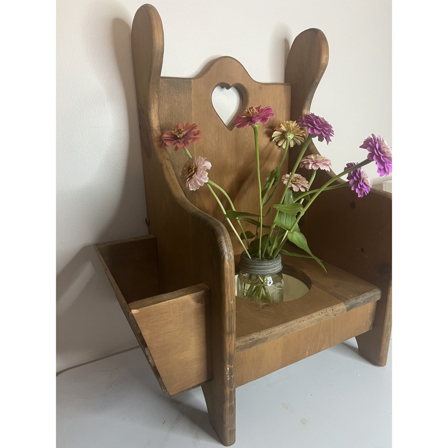 Vintage Wooden Heart Cutout Potty Training Chair Removable Bowl