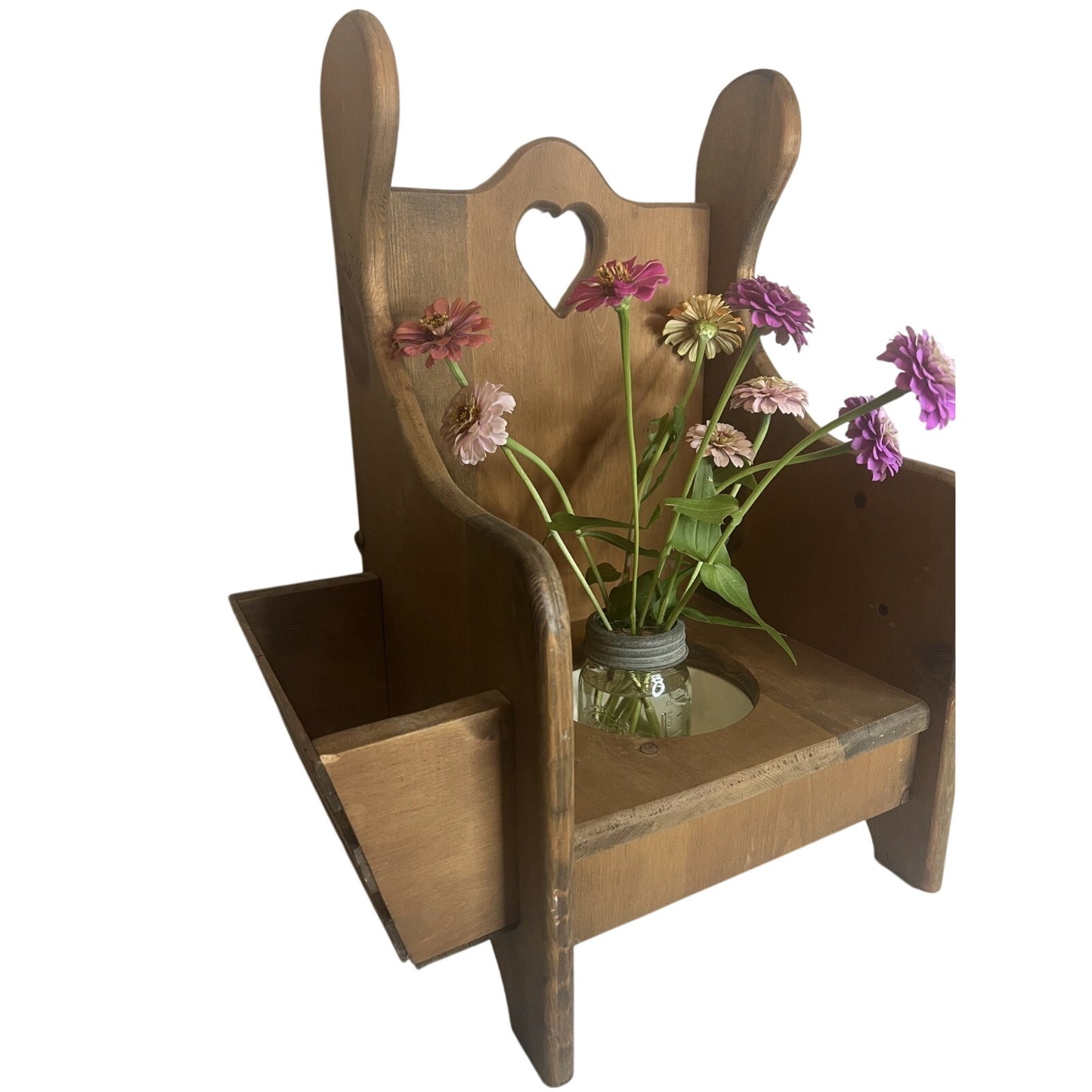 Vintage Wood Heart Cutout Potty Training Chair Removable Bowl Plant Stand