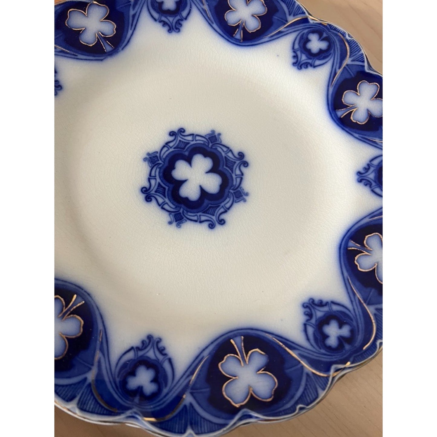 Victorian Antique Johnson Bros Flow Blue Savoy Plate 9” Clover Gold Pattern