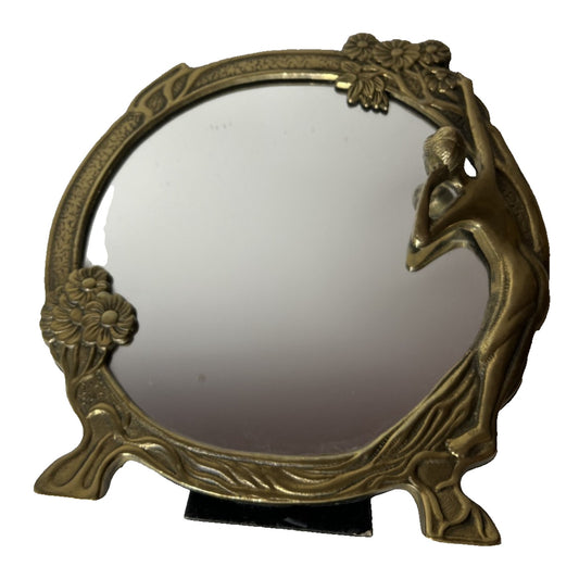 Vintage Brass Lady By The Lake Round Vanity Free Standing Mirror