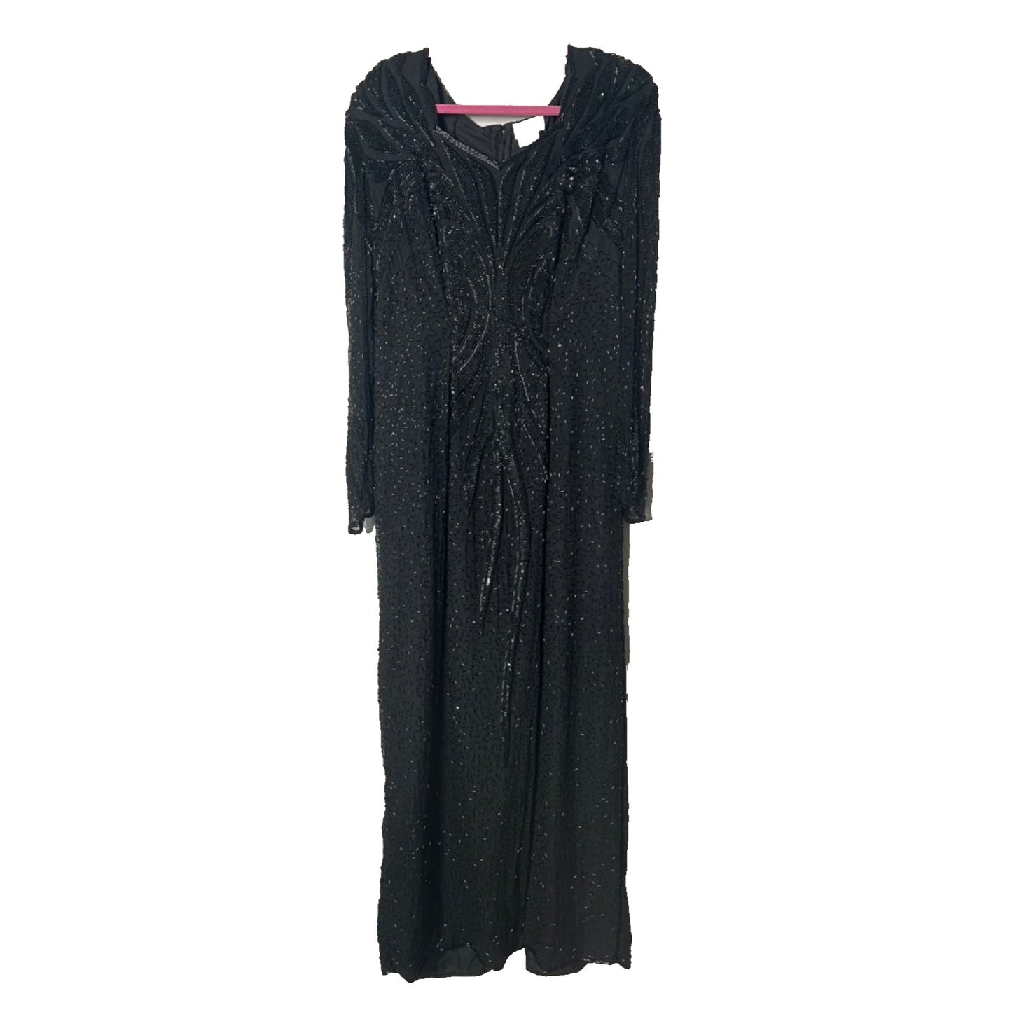 Vtg TAN-CHHO Black 2X Silk Beaded Sequin Long Dress Gown Christmas Cruise Formal