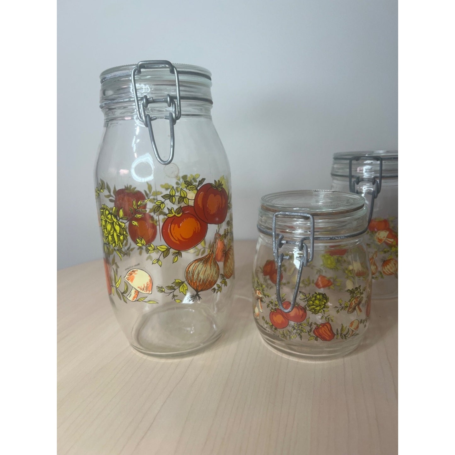 Arc Spice of Life Glass Canister Jar Mushroom Tomato Set of 3 France Vintage