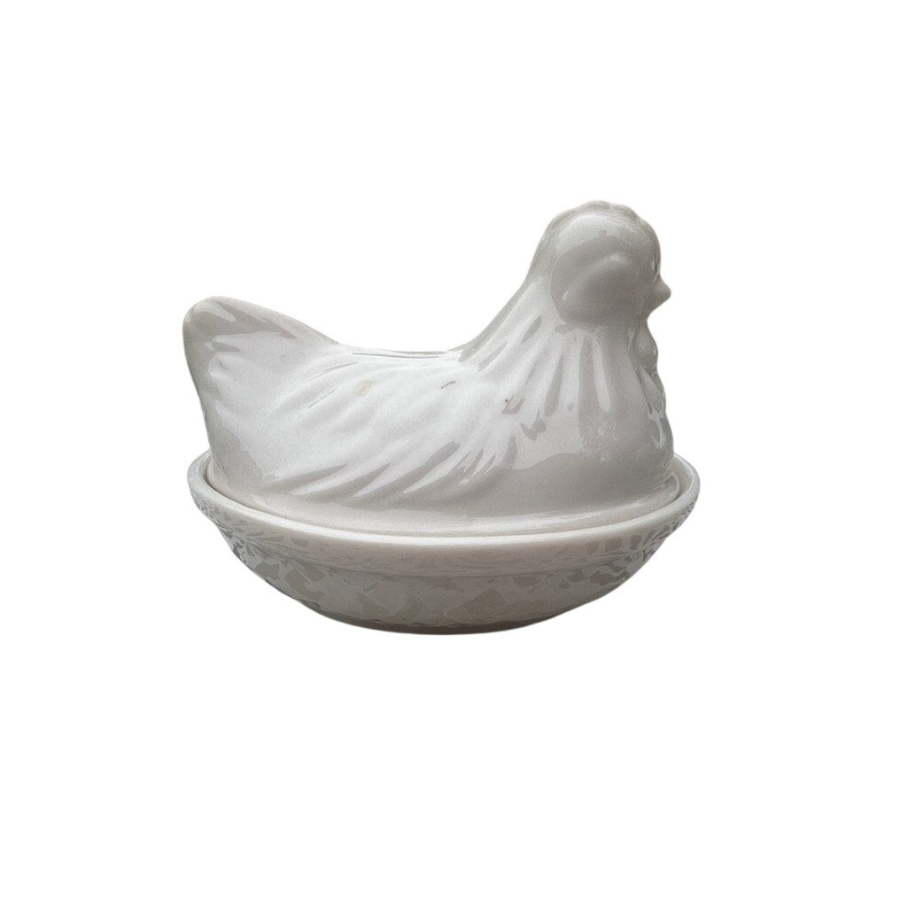 Vintage Hazel Atlas White Milk Glass Hen on a Nest Dish Chicken in Basket 5"