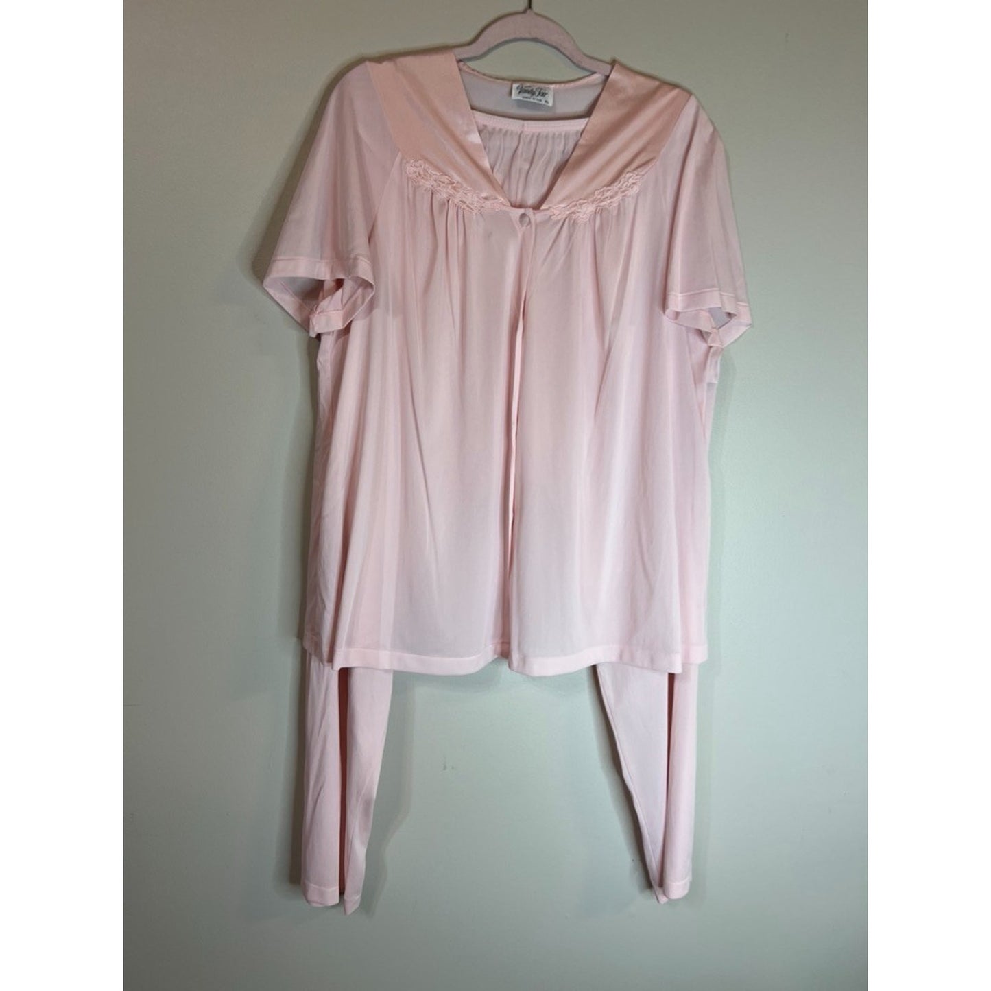 Vintage Vanity Fair Pale Pink Nylon Pajama Set XL 80s Button Top Elastic Pants