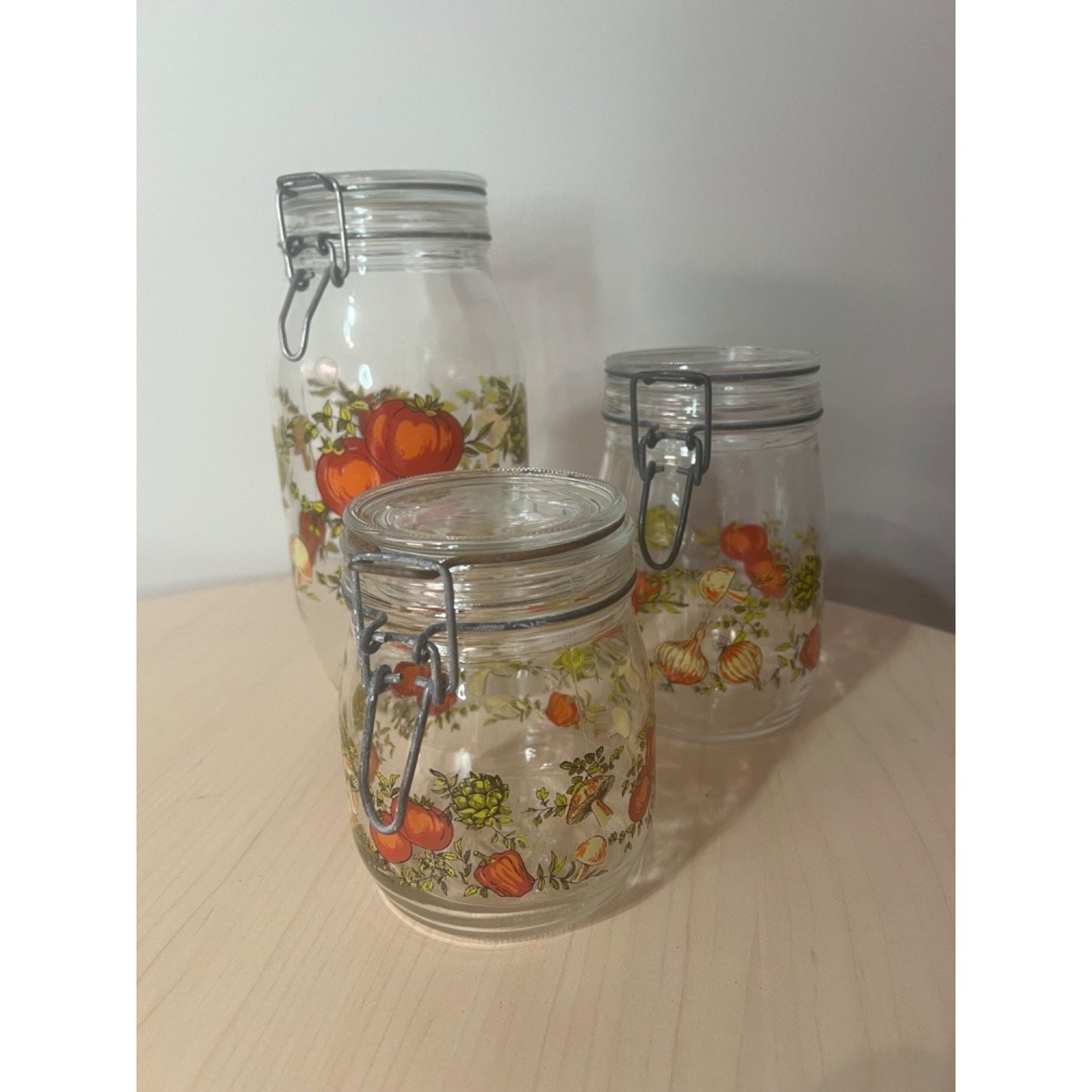Arc Spice of Life Glass Canister Jar Mushroom Tomato Set of 3 France Vintage