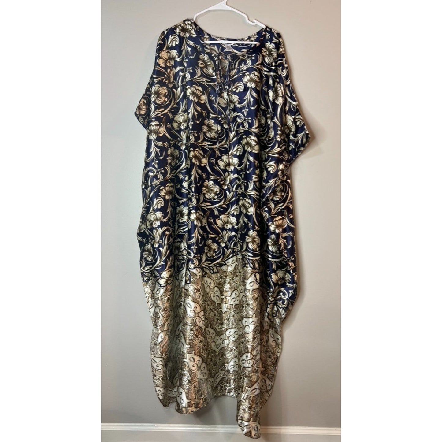 Vintage Winlar Caftan Dress One Size Blue & Gold Satin Kaftan Moo Moo MuMu