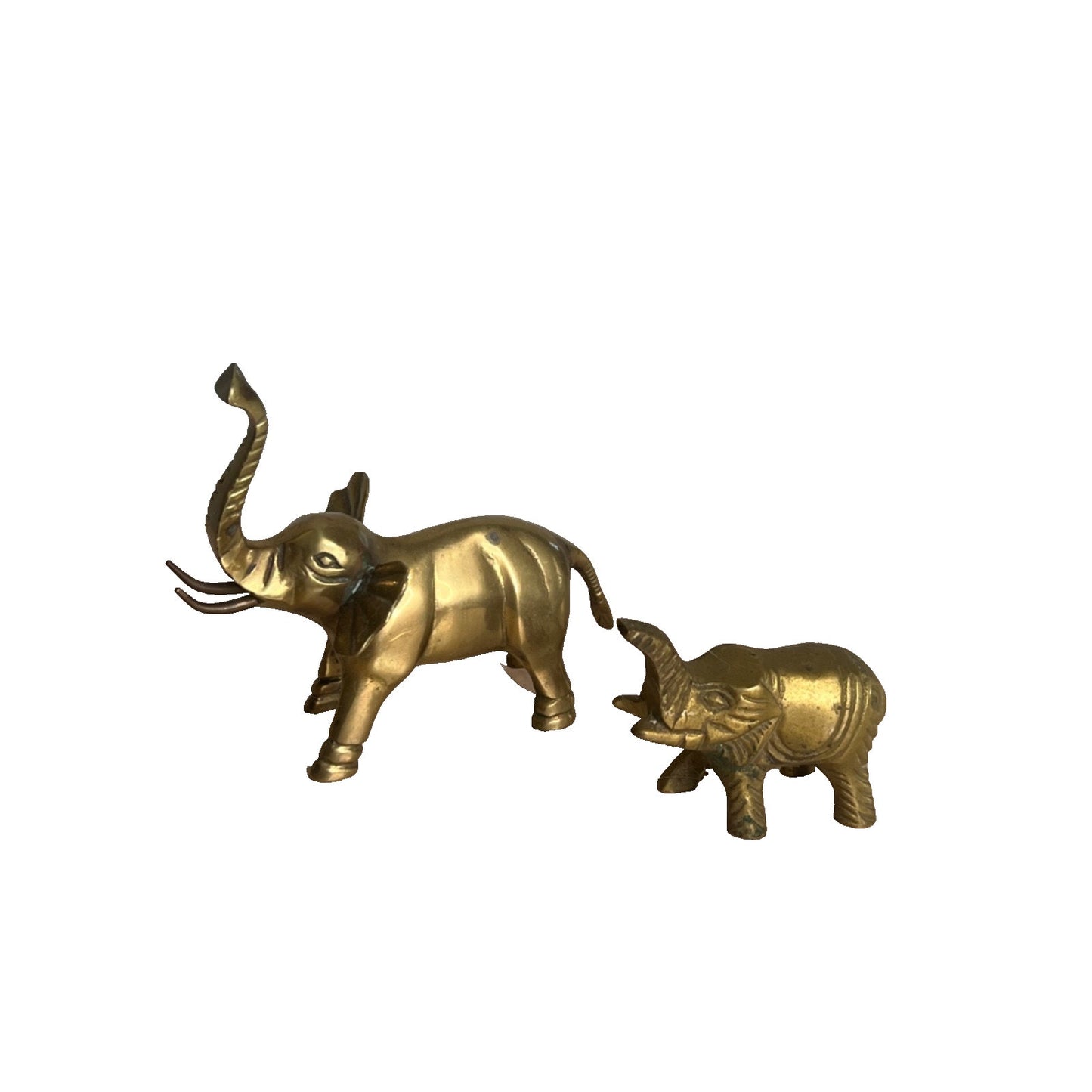 VTG MCM 2 Brass ELEPHANT Statues 6” And 3” Heavy Trunk Up Patina Lucky *Read