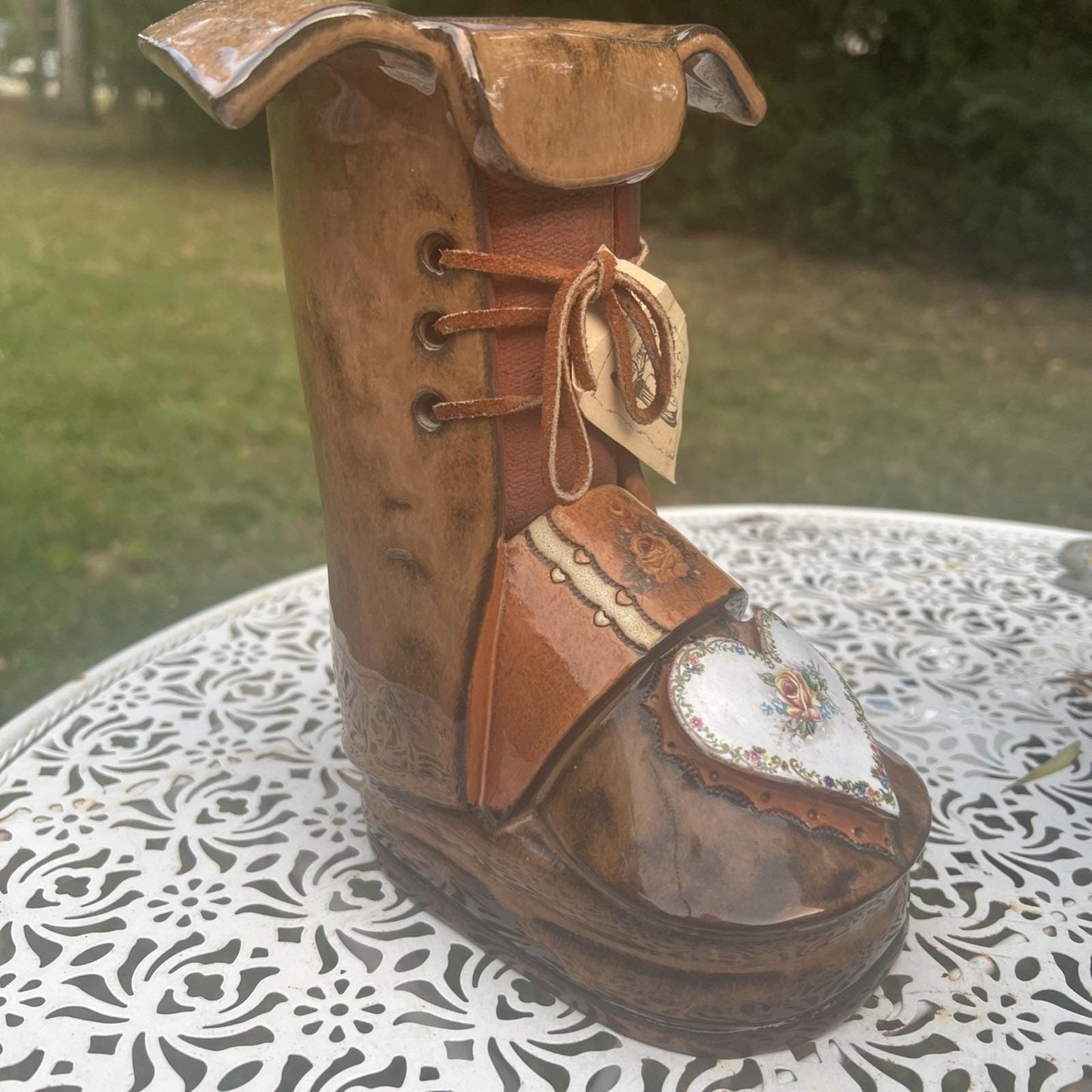 NEW Vintage 8.5" Ceramic Boot Planter, The Clay Cobbler, Brown Floral