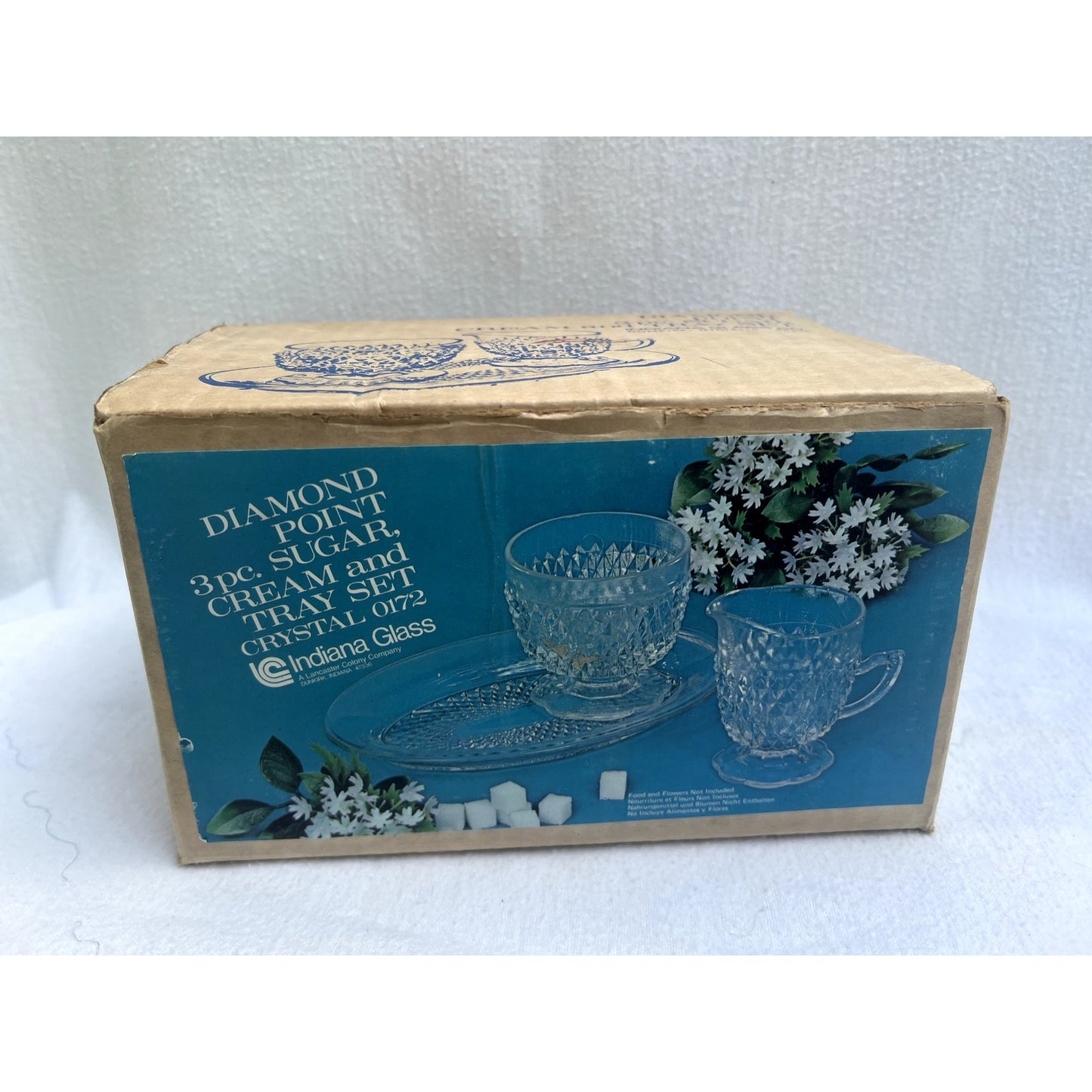 Vintage Indiana Glass Diamond Point 3 pc Sugar & Cream Tray Set w/ Original Box