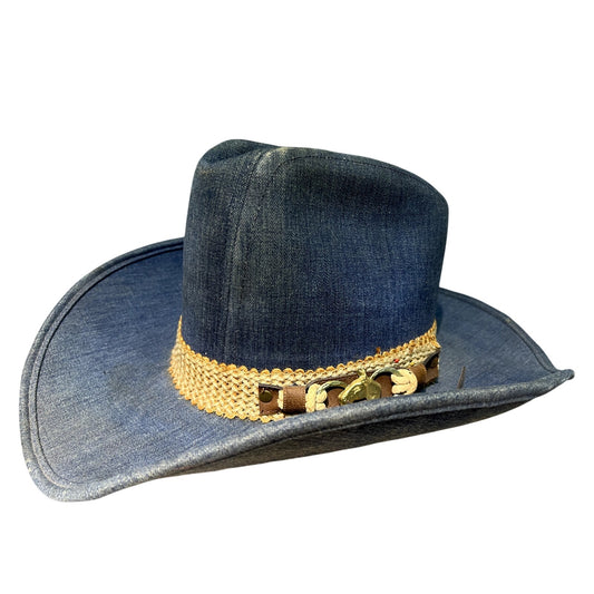 Vintage 70's YA Denim Jean Cowboy Hat Size Small 6 3/4 - 6 7/8 Brass Horse Band