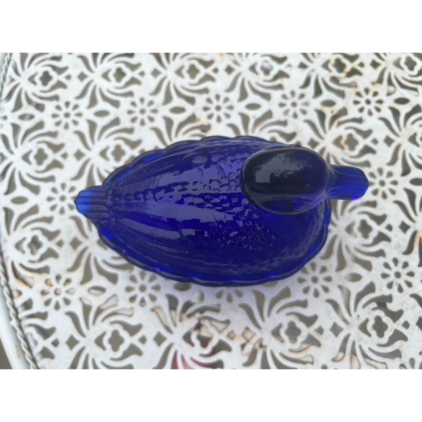 Vintage Cobalt Blue Glass Duck on Nest Woven Basket L E Smith or Westmoreland