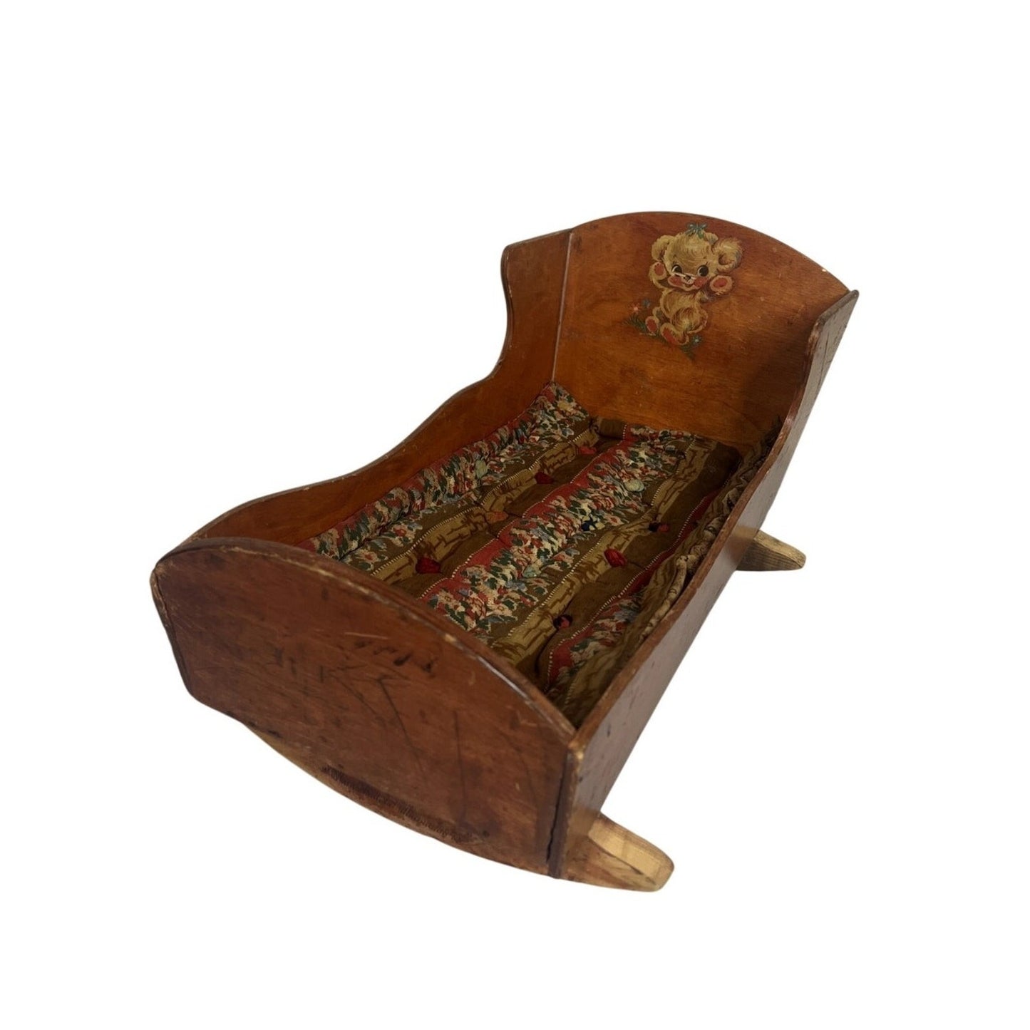 Vintage Wood Baby Cradle with Antique Fabric Mattress & Teddy Bear Decal
