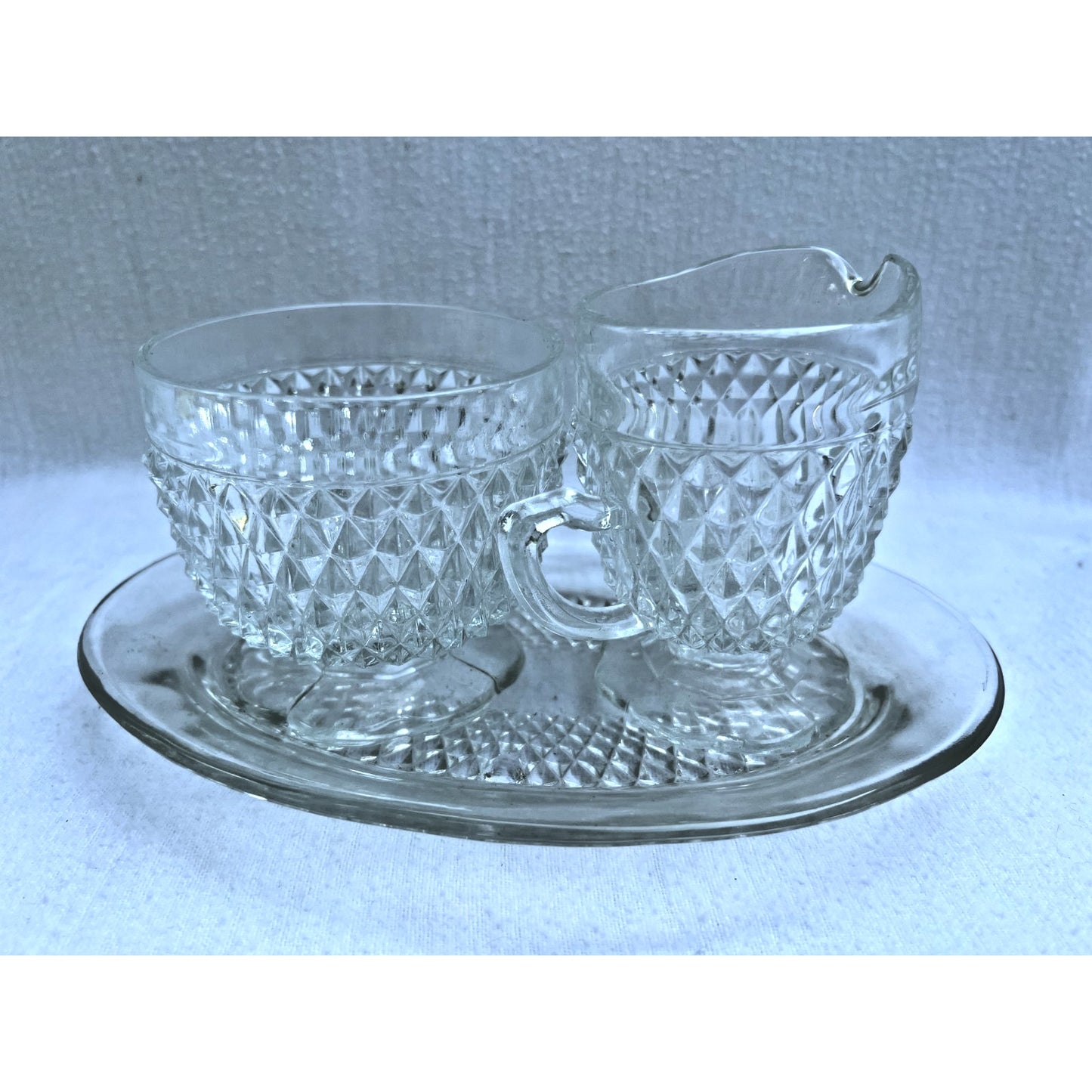 Vintage Indiana Glass Diamond Point 3 pc Sugar & Cream Tray Set w/ Original Box