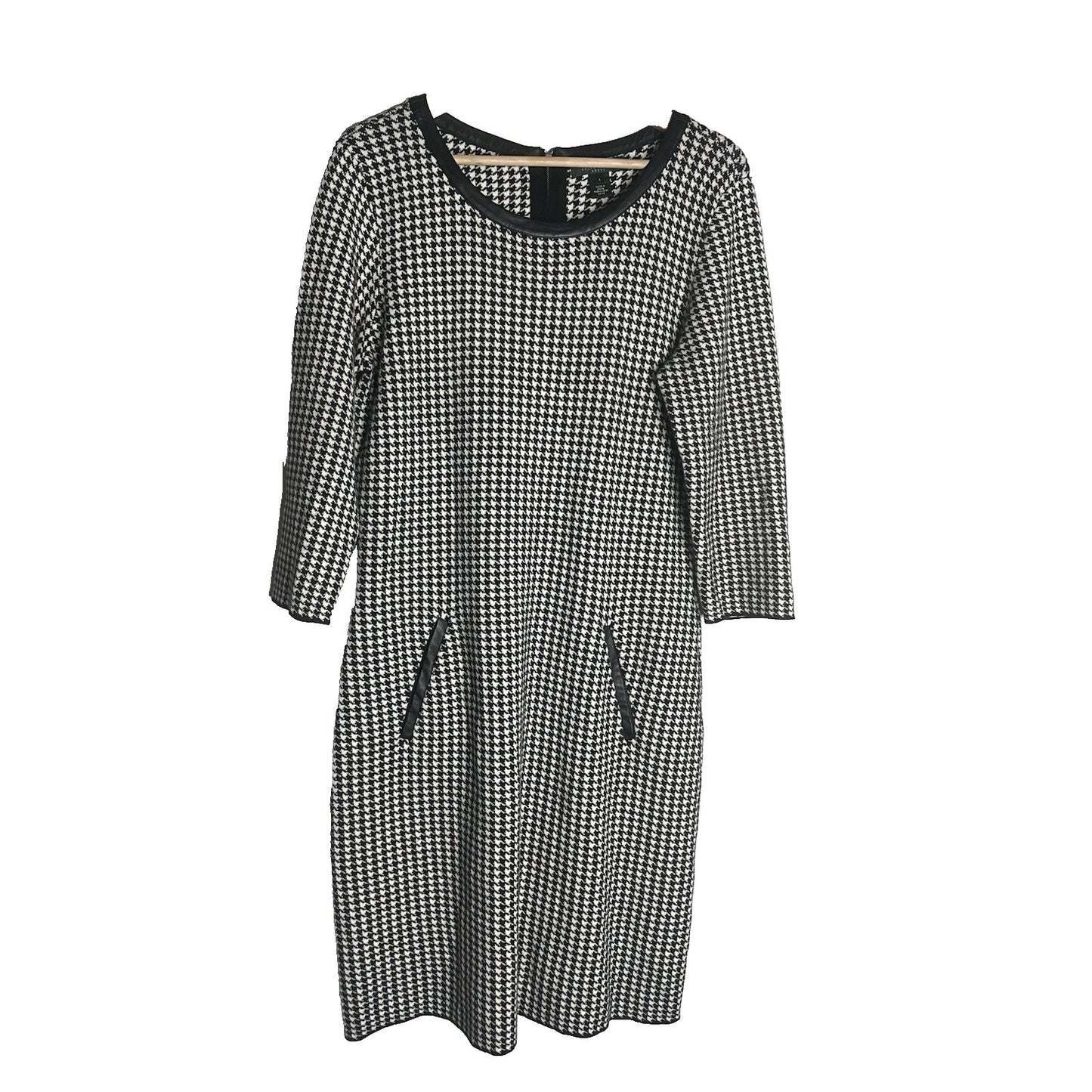 LAUREN Ralph Lauren Leather Piping Houndstooth Dress Women Size Large Genuine