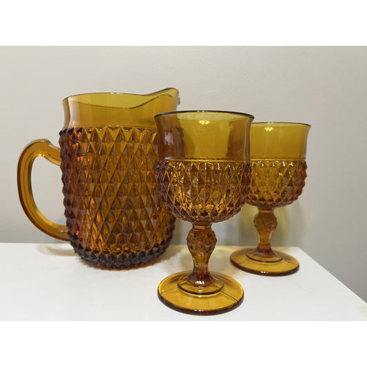 Vintage Indiana Glass Diamond Point Amber Heavy 52 Oz 7 5/8” Pitcher & 2 Goblets