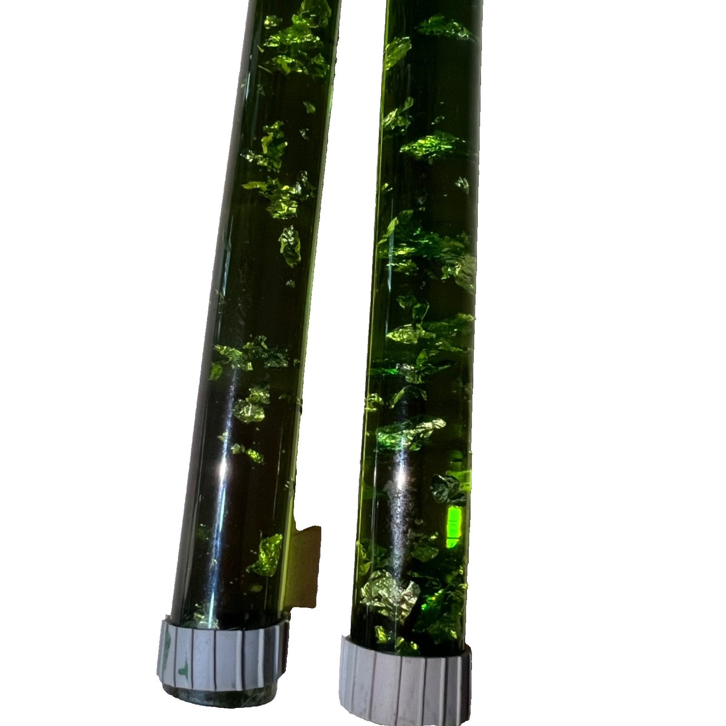 Vintage MCM Pair Avocado Green Silver Wick Flecks Lucite 11.5" Candles