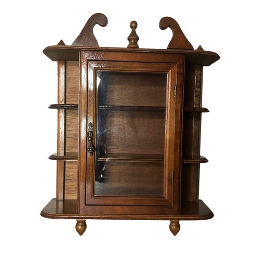 VTG Wood Curio Cabinet Shelves Glass Door Footed Tabletop Wall Hanging 17”