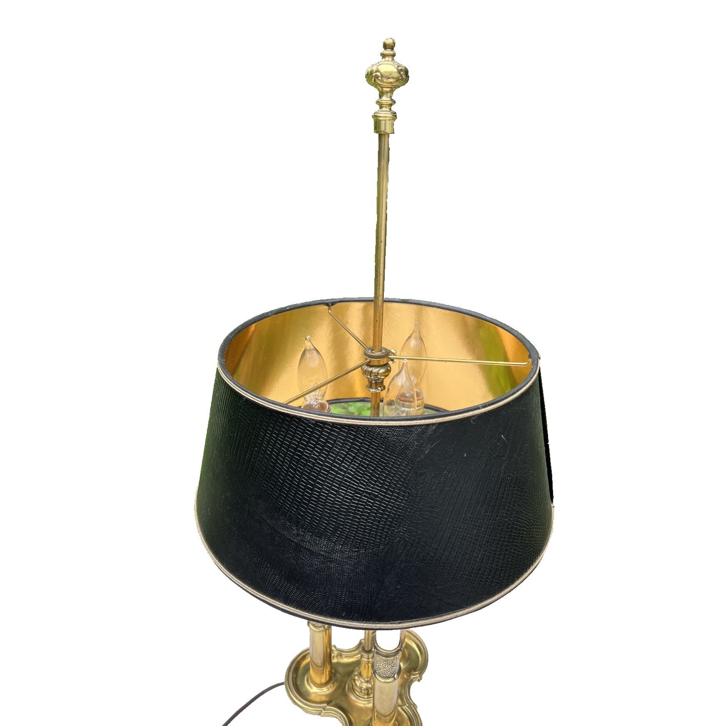 STIFFEL French Bouillotte Brass Candlestick Vtg Lamp Black Leather Adjust. Shade