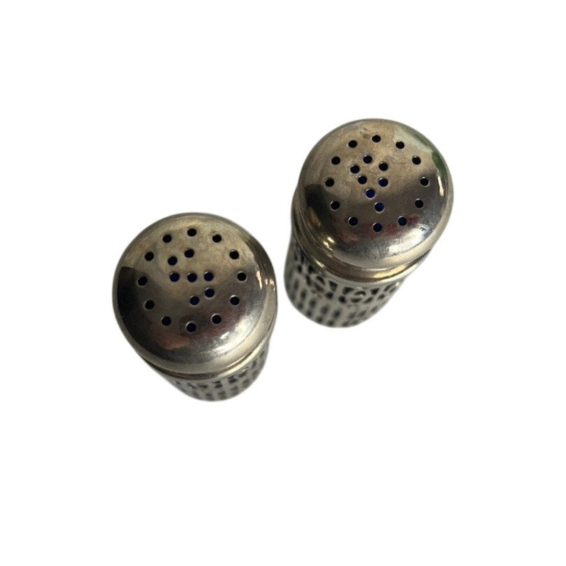 Vtg GODINGER Silver Plate Filagree Hearts Blue Cobalt Glass Salt Pepper Shakers