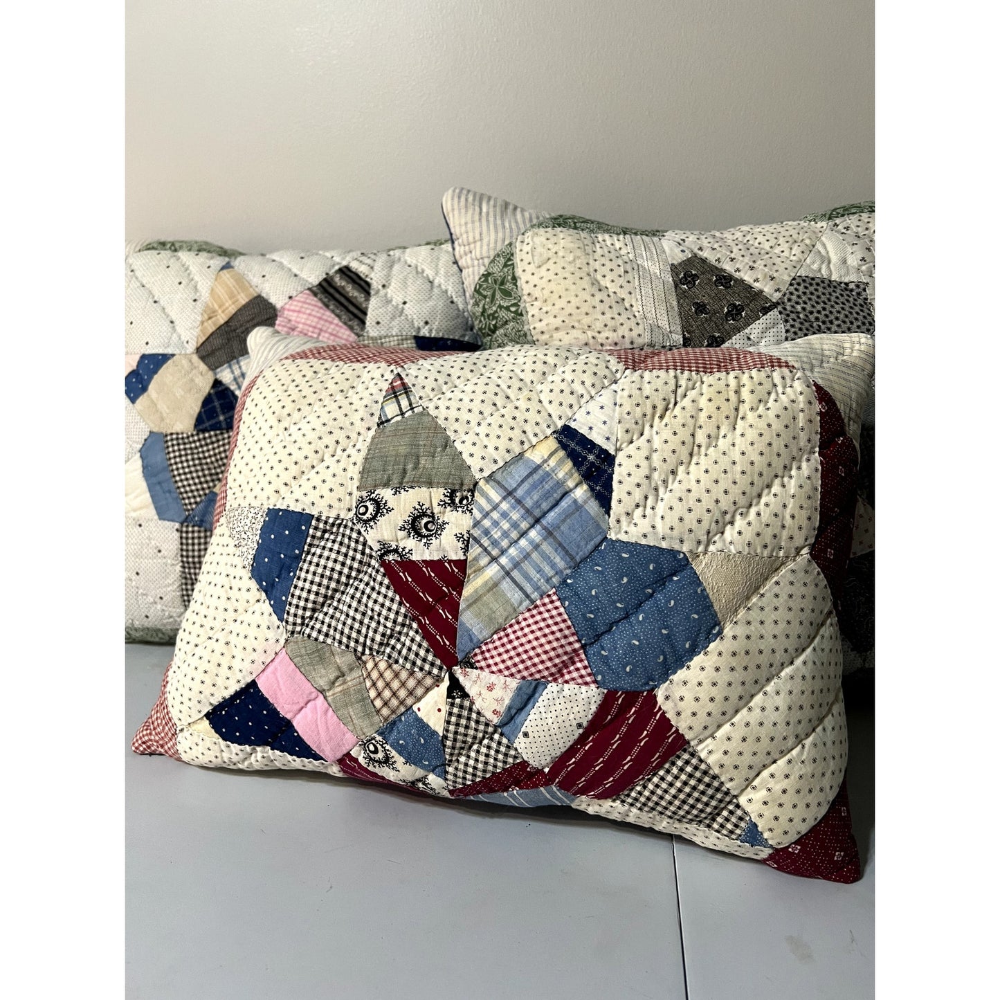 Vintage 1910 Indigo String Star & Denim Quilt Pillow w/ Remote Pocket