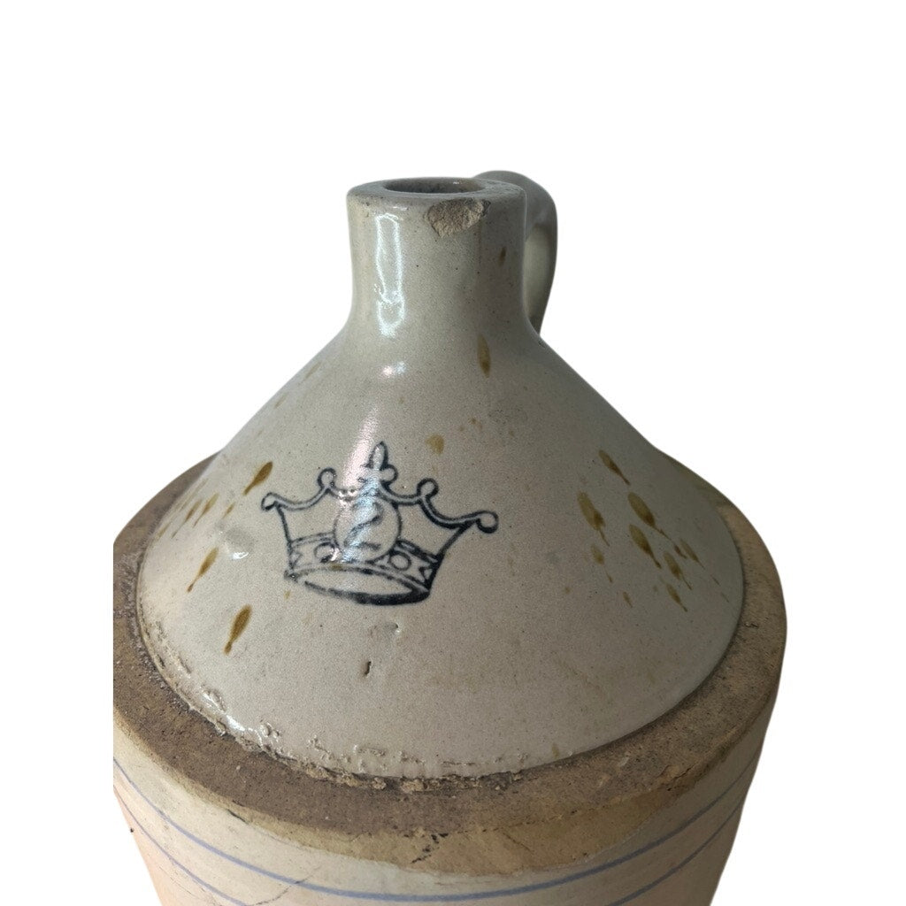 Rare Crown Stoneware 2 Gallon Whiskey Jug with Cobalt Stripes