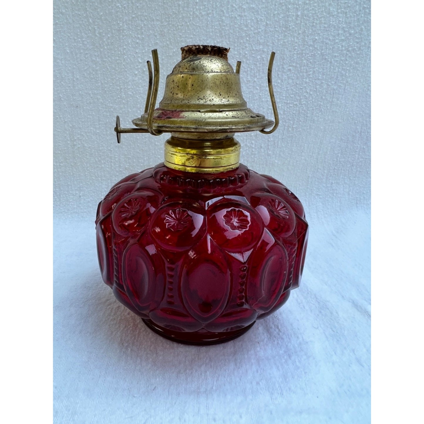 VTG L E Smith Moon Stars Cranberry Red Oil Lamp 12” Glass Victorian Gothic
