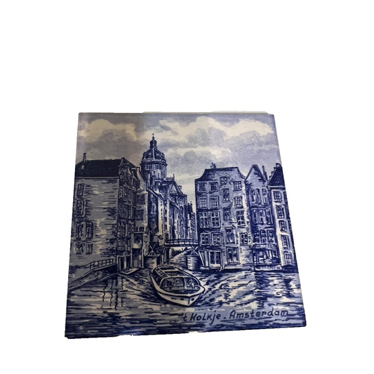 Antique Delft Blue Hand Painted & Signed Tile Of Amsterdam Canal Houses & Boat