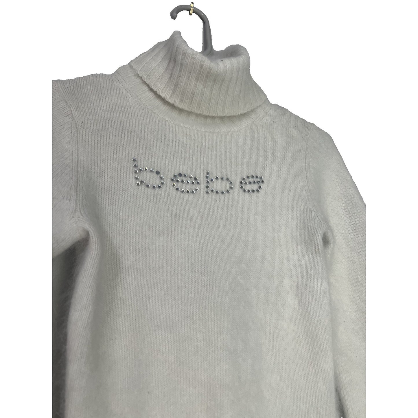 White Y2K Vintage Angora Fur Rhinestone Bebe Logo Small Turtleneck Sweater