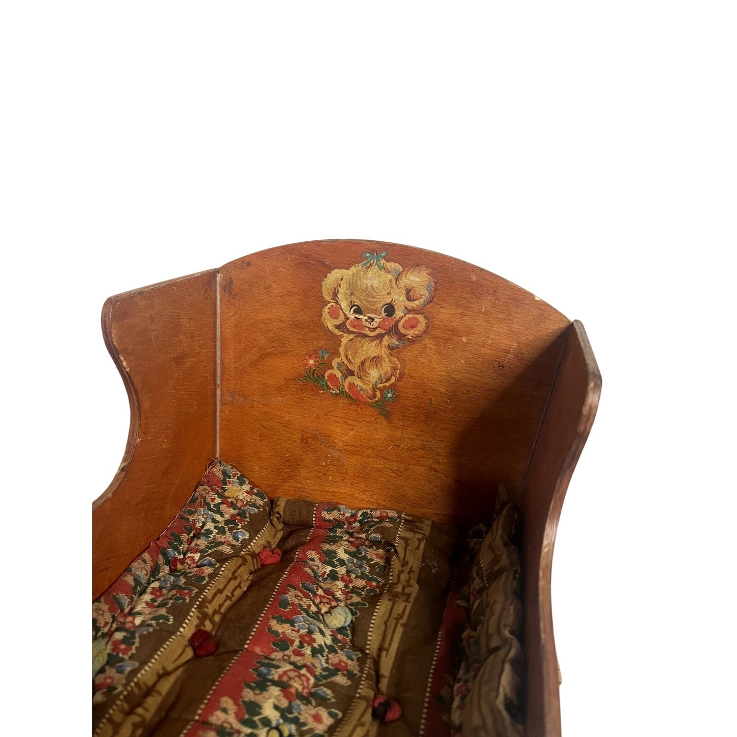 Vintage Wood Baby Cradle with Antique Fabric Mattress & Teddy Bear Decal