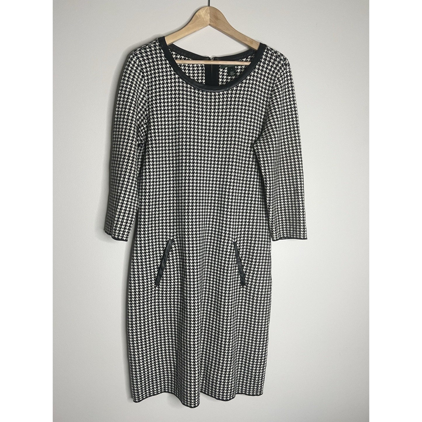 LAUREN Ralph Lauren Leather Piping Houndstooth Dress Women Size Large Genuine