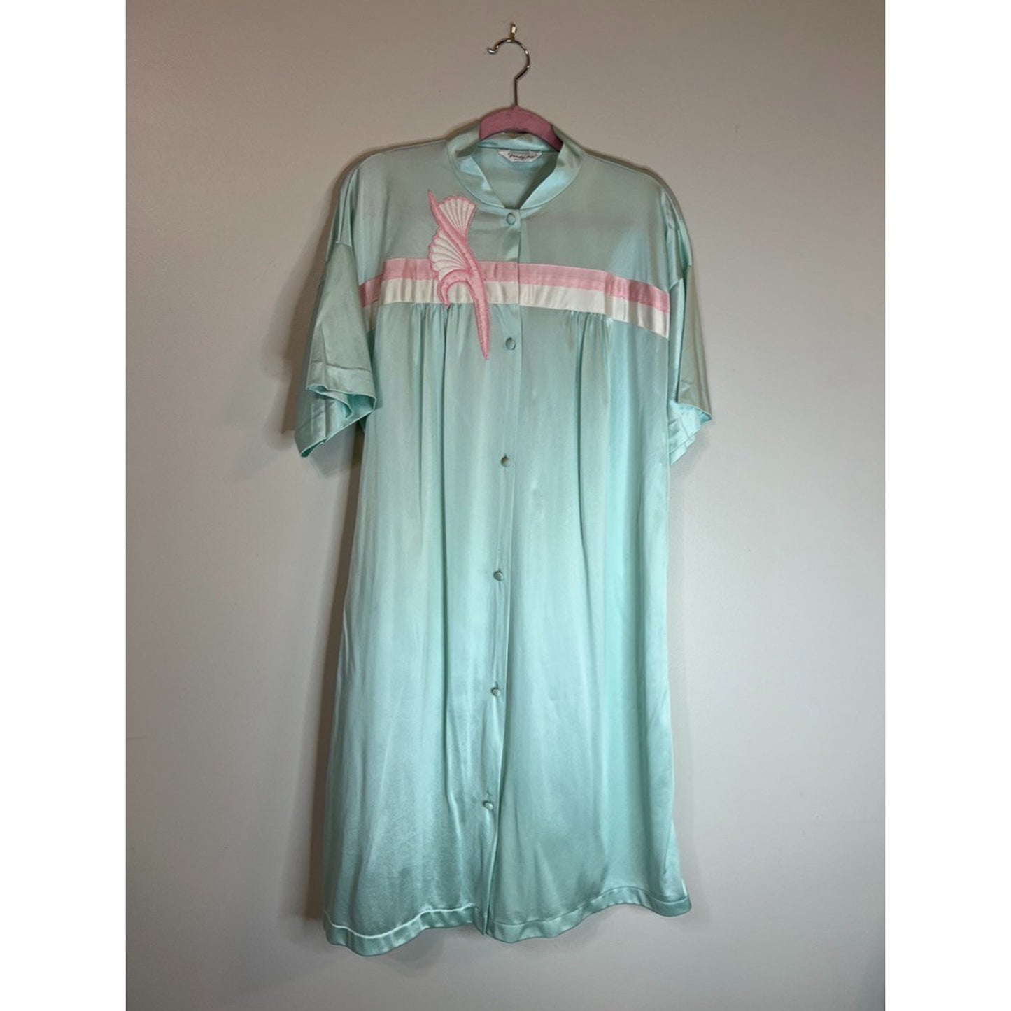 Vtg Vanity Fair Nylon Button Up Robe Short Sleeve Women Med Aqua