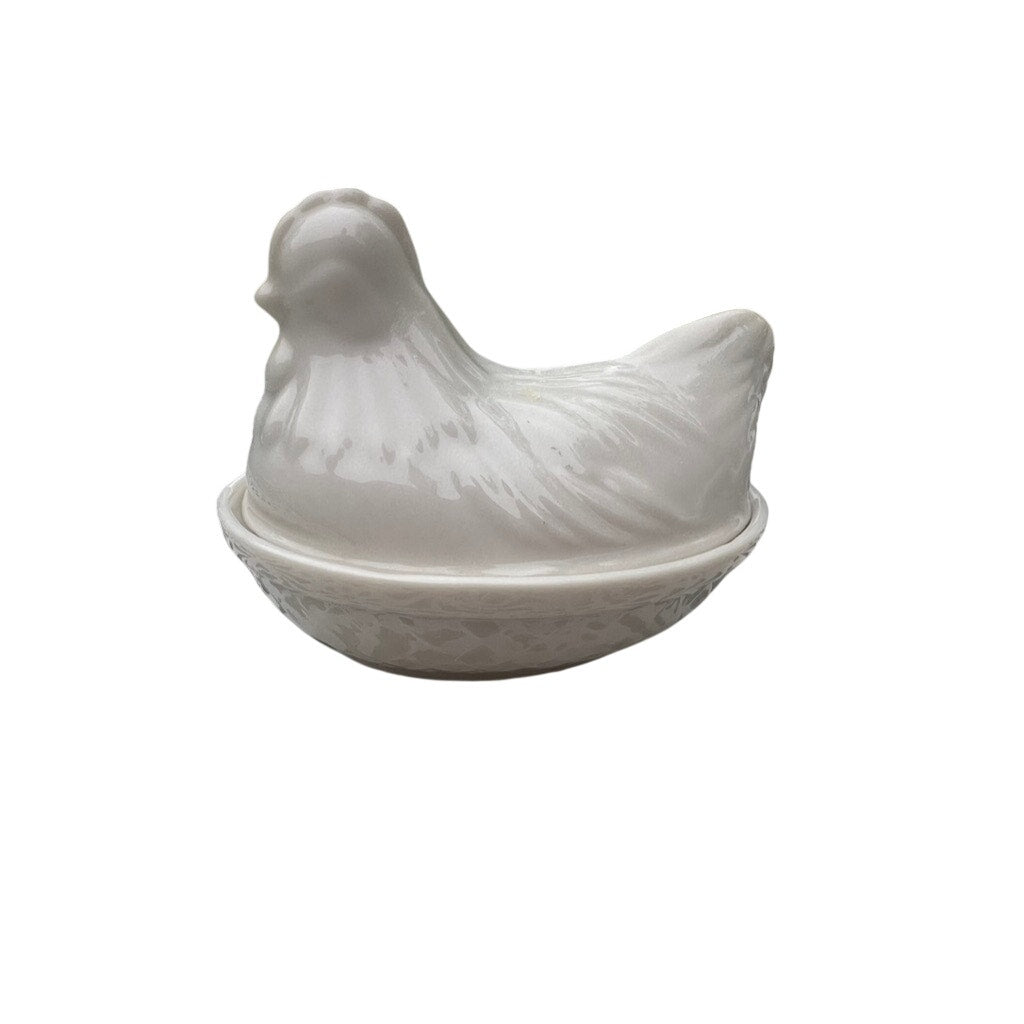 Vintage Hazel Atlas White Milk Glass Hen on a Nest Dish Chicken in Basket 5"