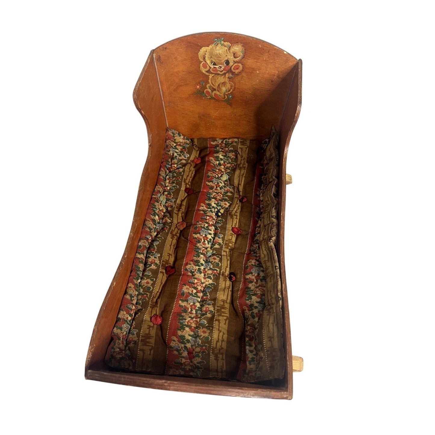Vintage Wood Baby Cradle with Antique Fabric Mattress & Teddy Bear Decal