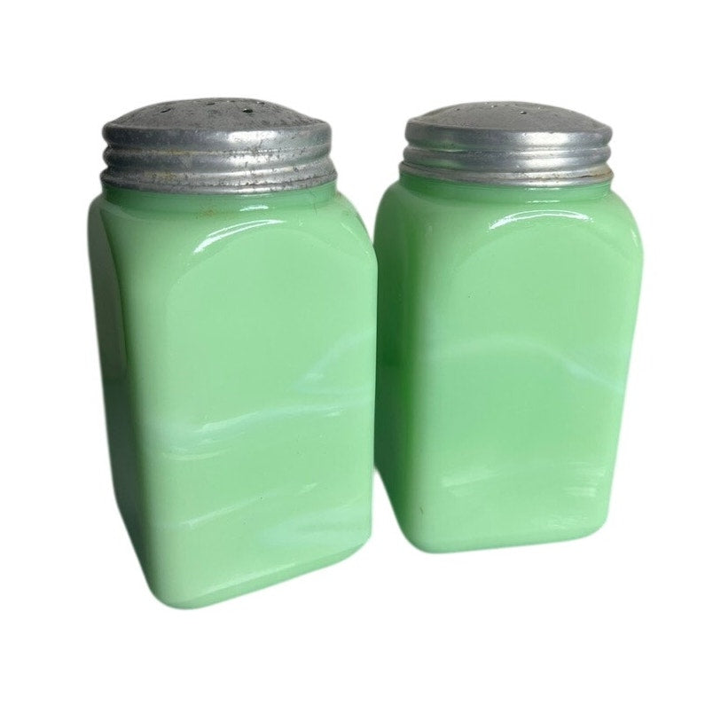 1930s McKee Uranium Jadeite Glass Salt Pepper Shakers Original Lids Vintage GLOWS