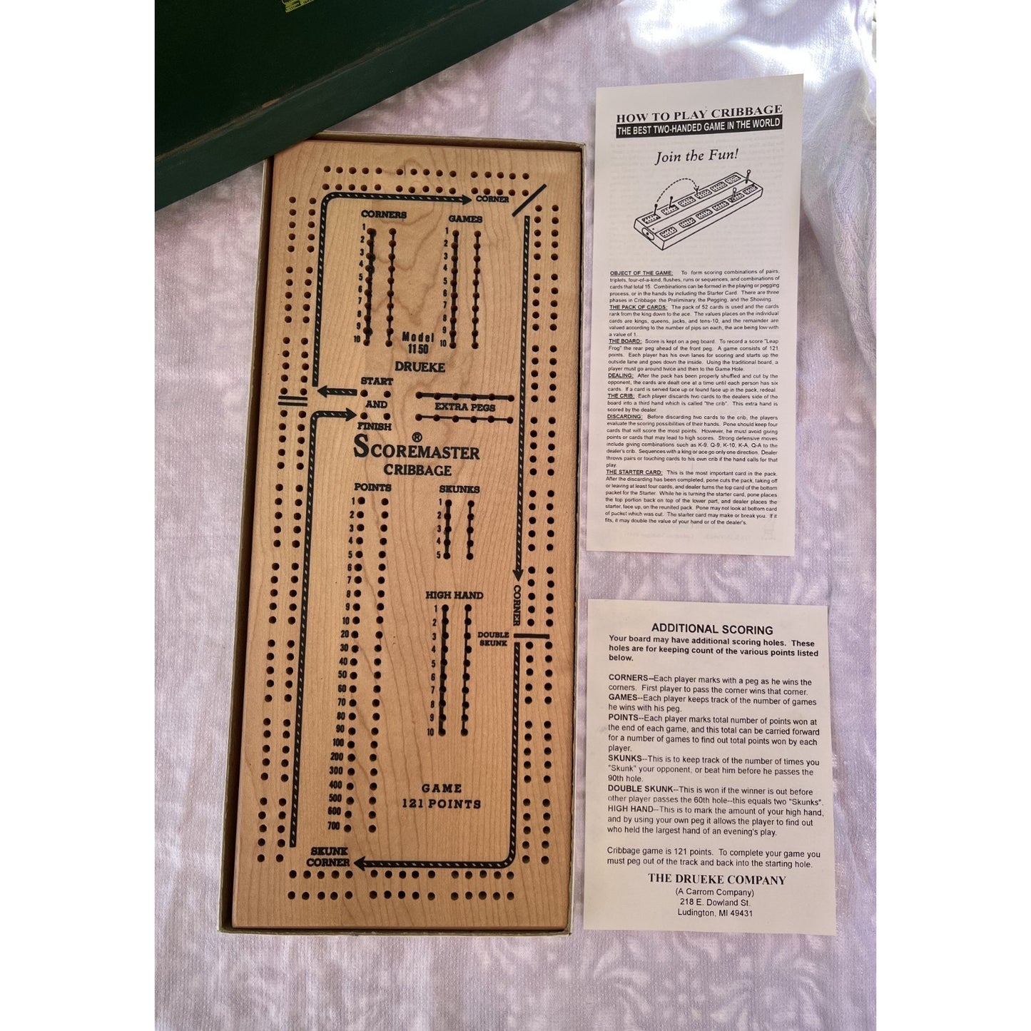 Drueke Scoremaster 1956 CRIBBAGE BOARD No 1150, Mint Exc Condition 100% Comp
