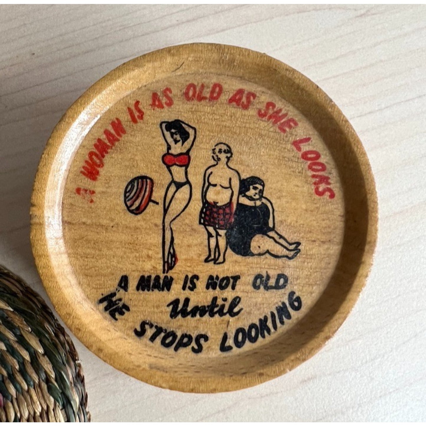 Vintage Wood Coaster Set in Basket Whimsical Hand Painted Kitsch Misogyny