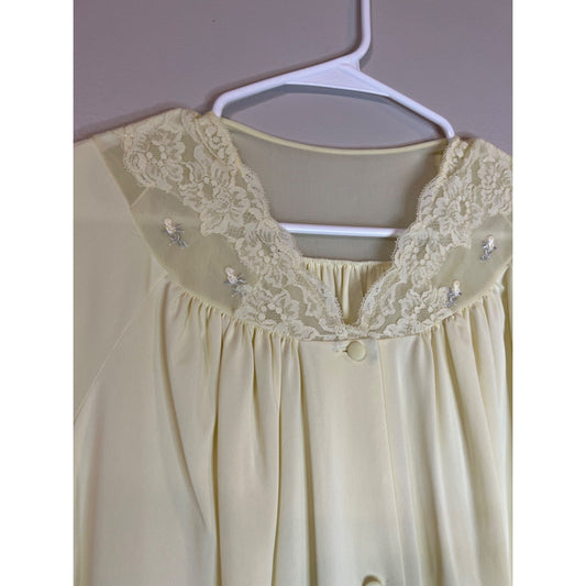 Shadowline Robe Yellow Nylon Button Front Embroidered Lace Pocket Vtg