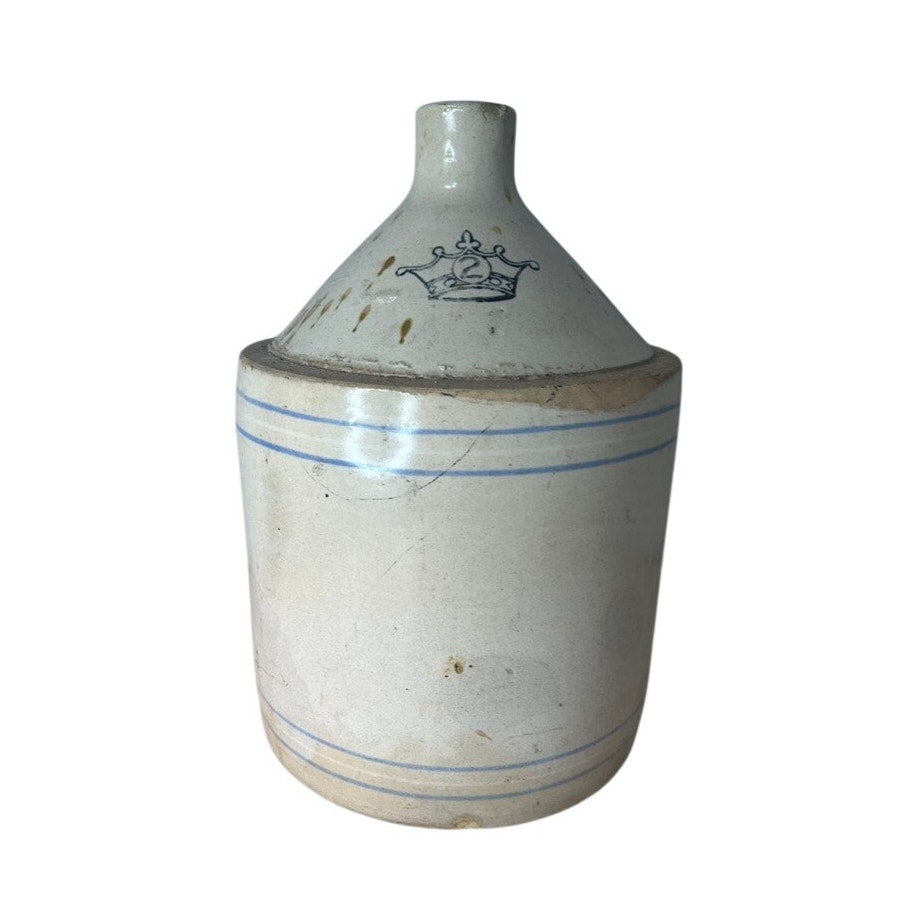 Rare Crown Stoneware 2 Gallon Whiskey Jug with Cobalt Stripes