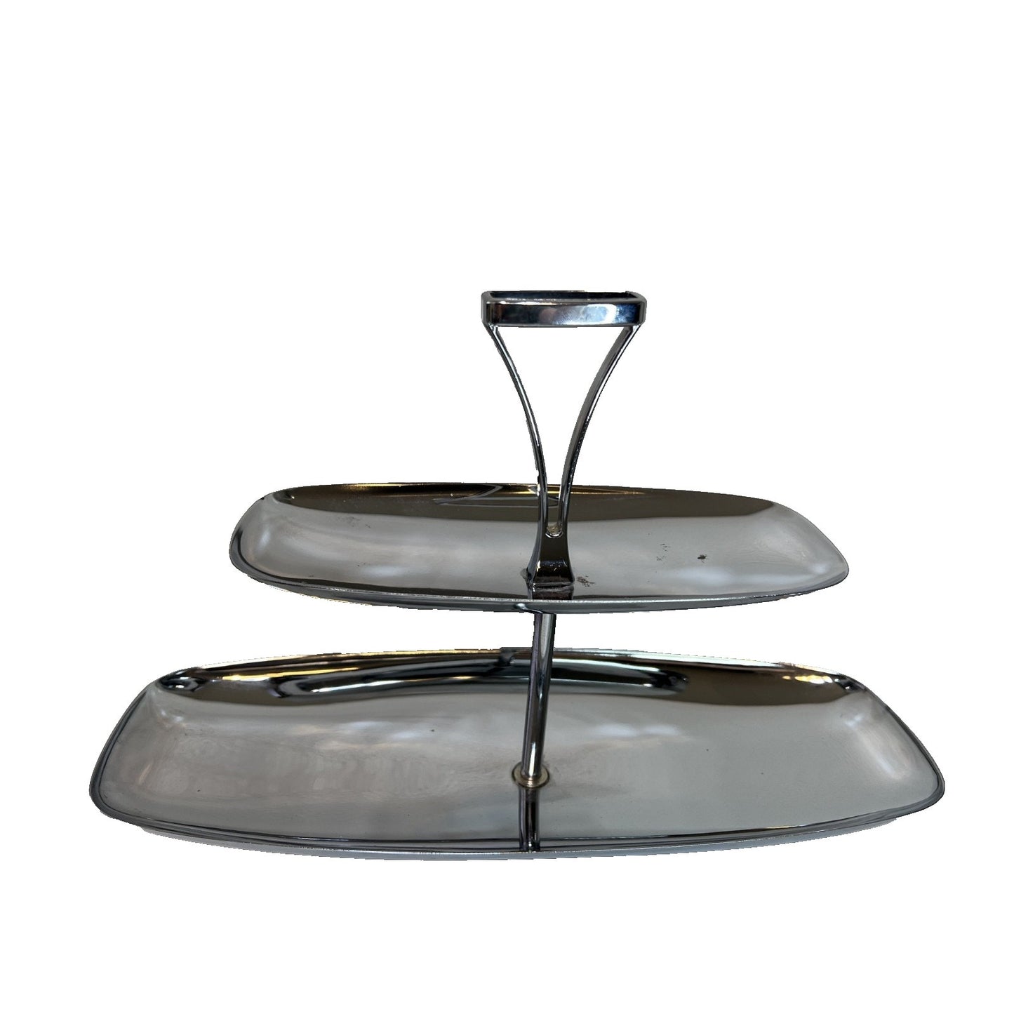 Vtg Mcm Chrome Two Tiered Chrome Tid Bit Tray Milbern Creations 9.5x14x5.25"