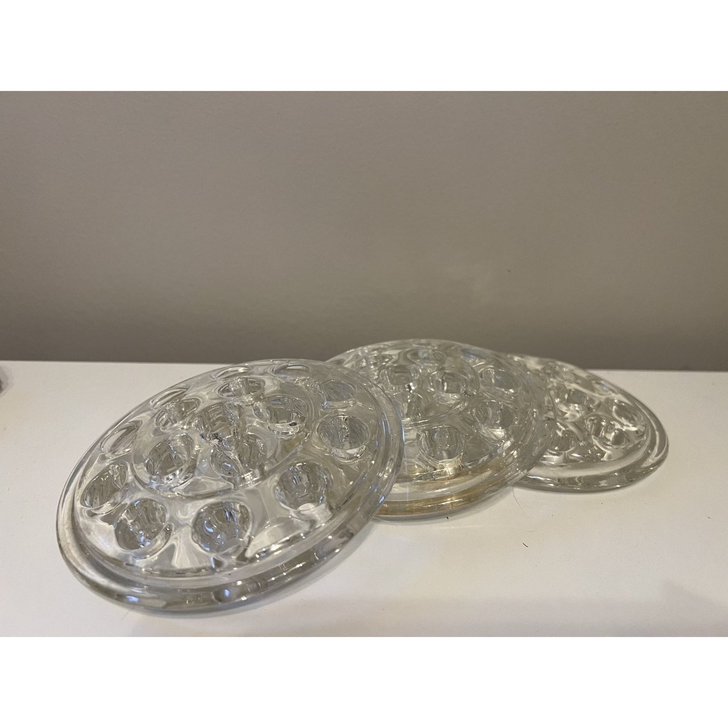 Lot 3 Vintage Clear Glass Flower Frogs 5” 16 Hole Floral Arranging Vase Inserts