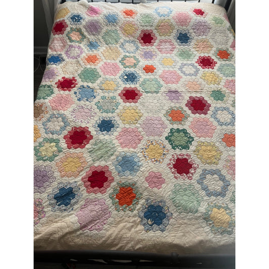 1930's Grandmother's Flower Garden Antique Quilt 80x79