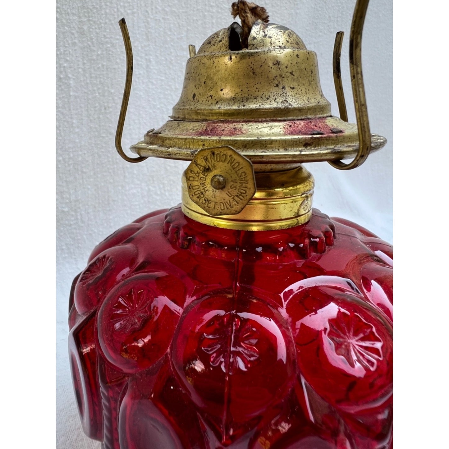 VTG L E Smith Moon Stars Cranberry Red Oil Lamp 12” Glass Victorian Gothic